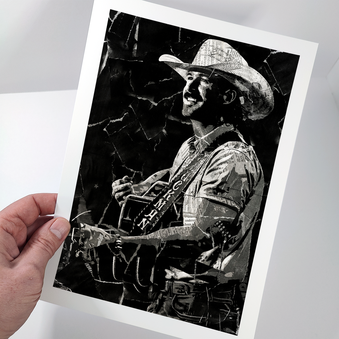A Riley Green poster design - a portrait of Riley made using a collage of torn pieces of magazine pages in black and white.