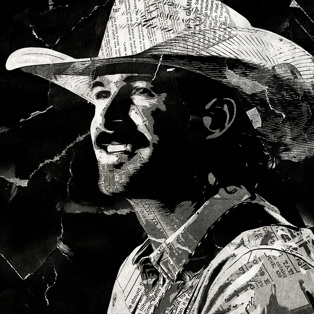 A Riley Green poster design - a portrait of Riley made using a collage of torn pieces of magazine pages in black and white.