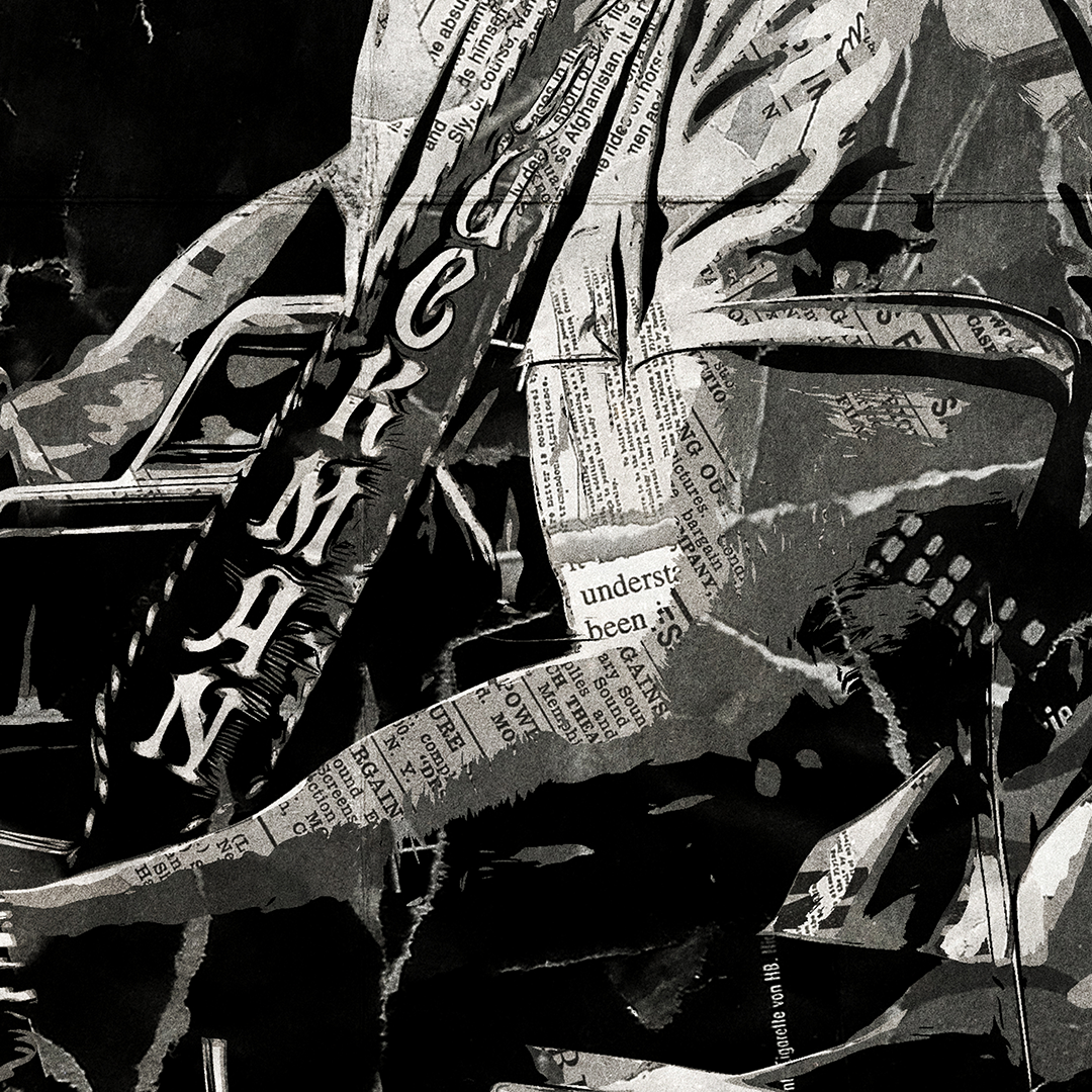 A Riley Green poster design - a portrait of Riley made using a collage of torn pieces of magazine pages in black and white.