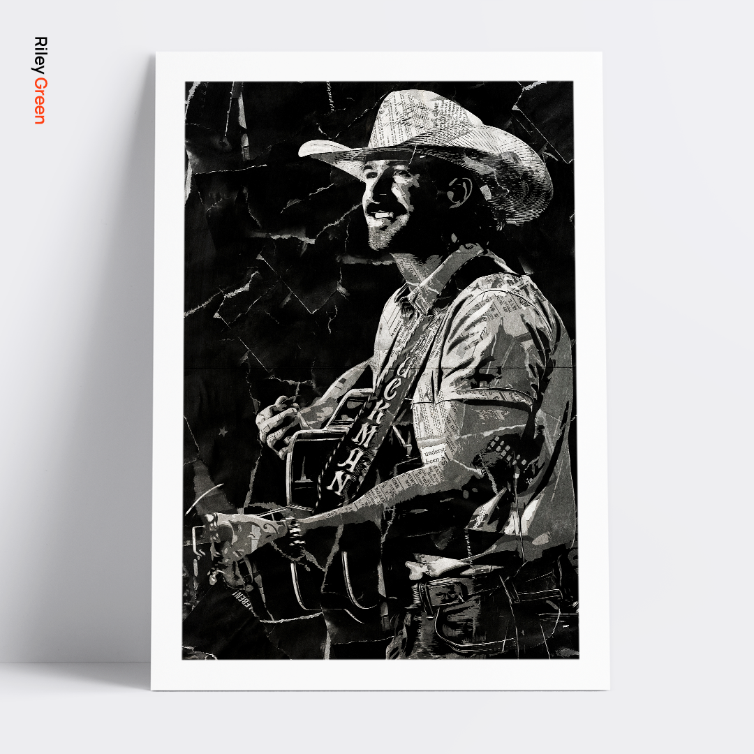 A Riley Green poster design - a portrait of Riley made using a collage of torn pieces of magazine pages in black and white.