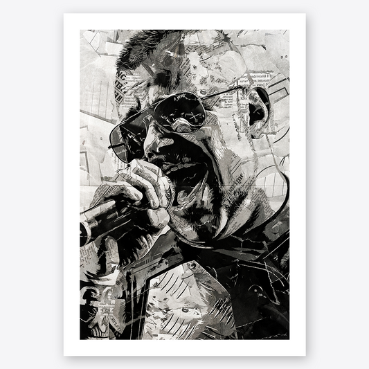A Joakim Brodén poster design - a portrait of Joakim made using a collage of torn pieces of magazine pages in black and white.