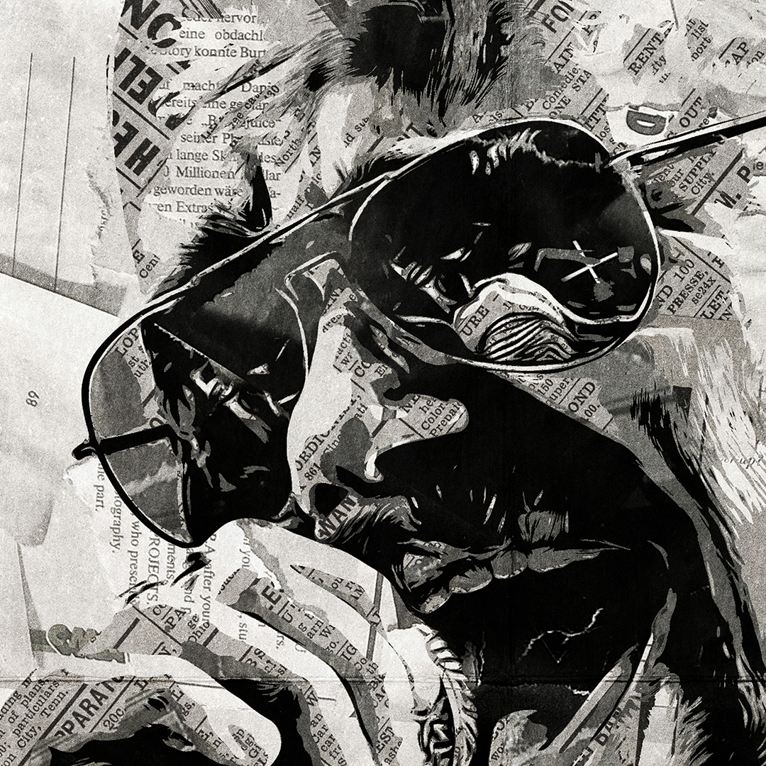 A Joakim Brodén poster design - a portrait of Joakim made using a collage of torn pieces of magazine pages in black and white.