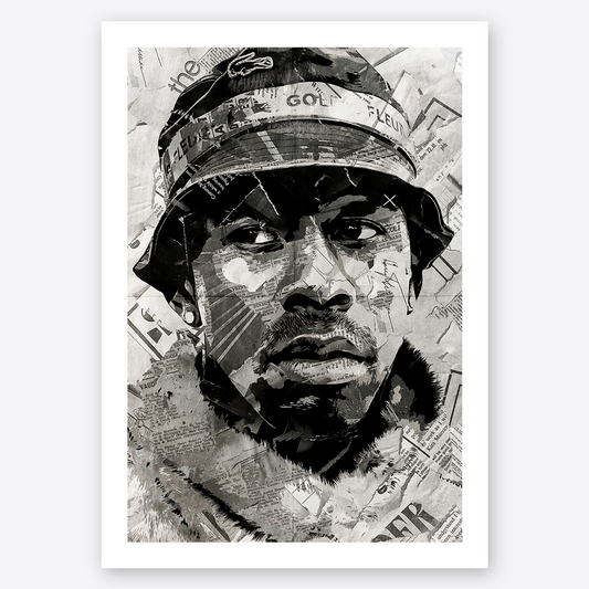 A Tyler the Creator poster design - a portrait of Tyler made using a collage of torn pieces of magazine pages in black and white.