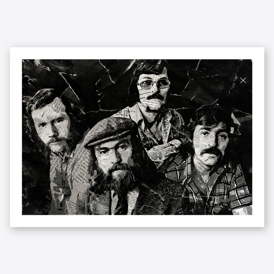 A Wolfe Tones poster design - a portrait of the band made using a collage of torn pieces of magazine pages in black and white.