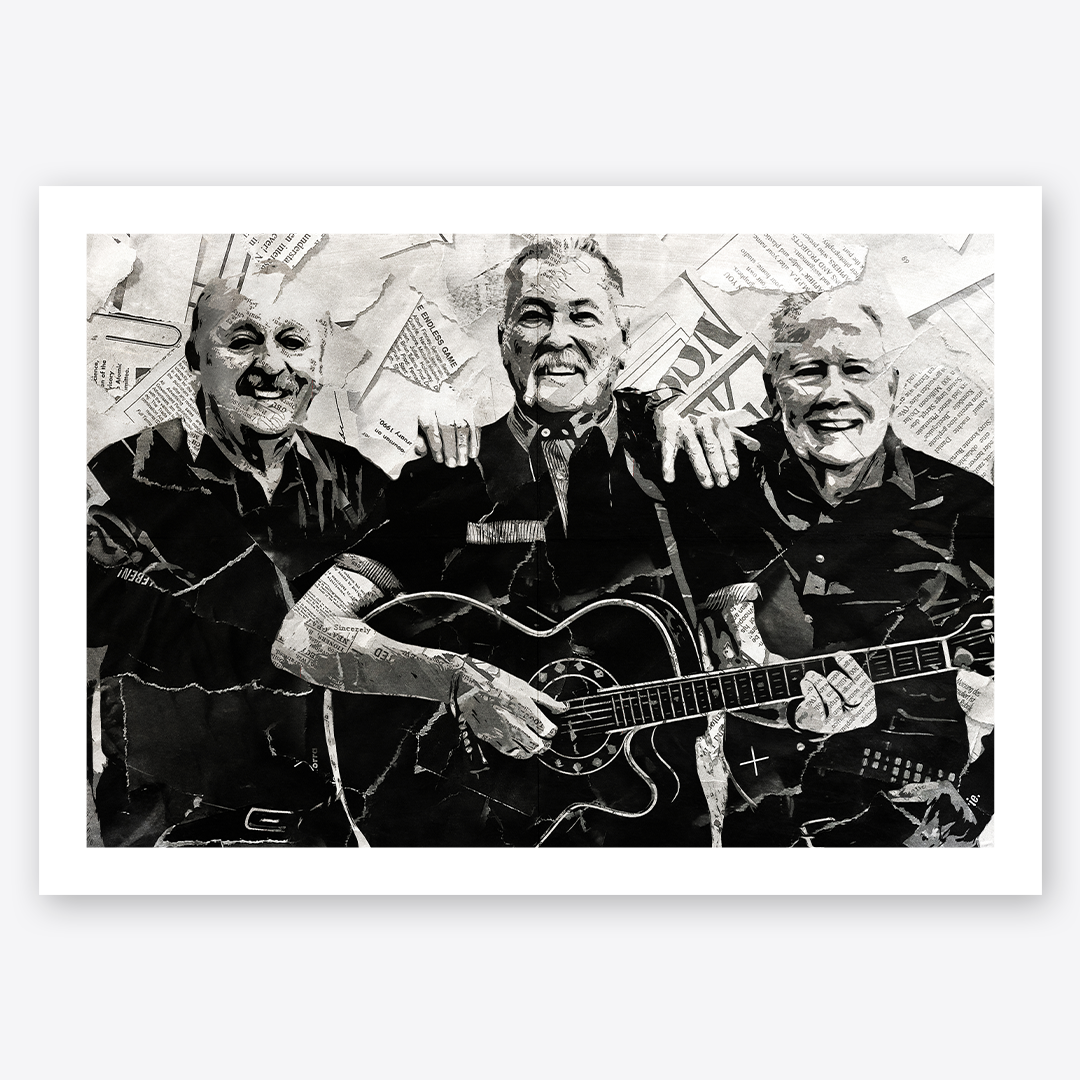 A Wolfe Tones poster design - a portrait of the Wolfe Tones made using a collage of torn pieces of magazine pages in black and white.