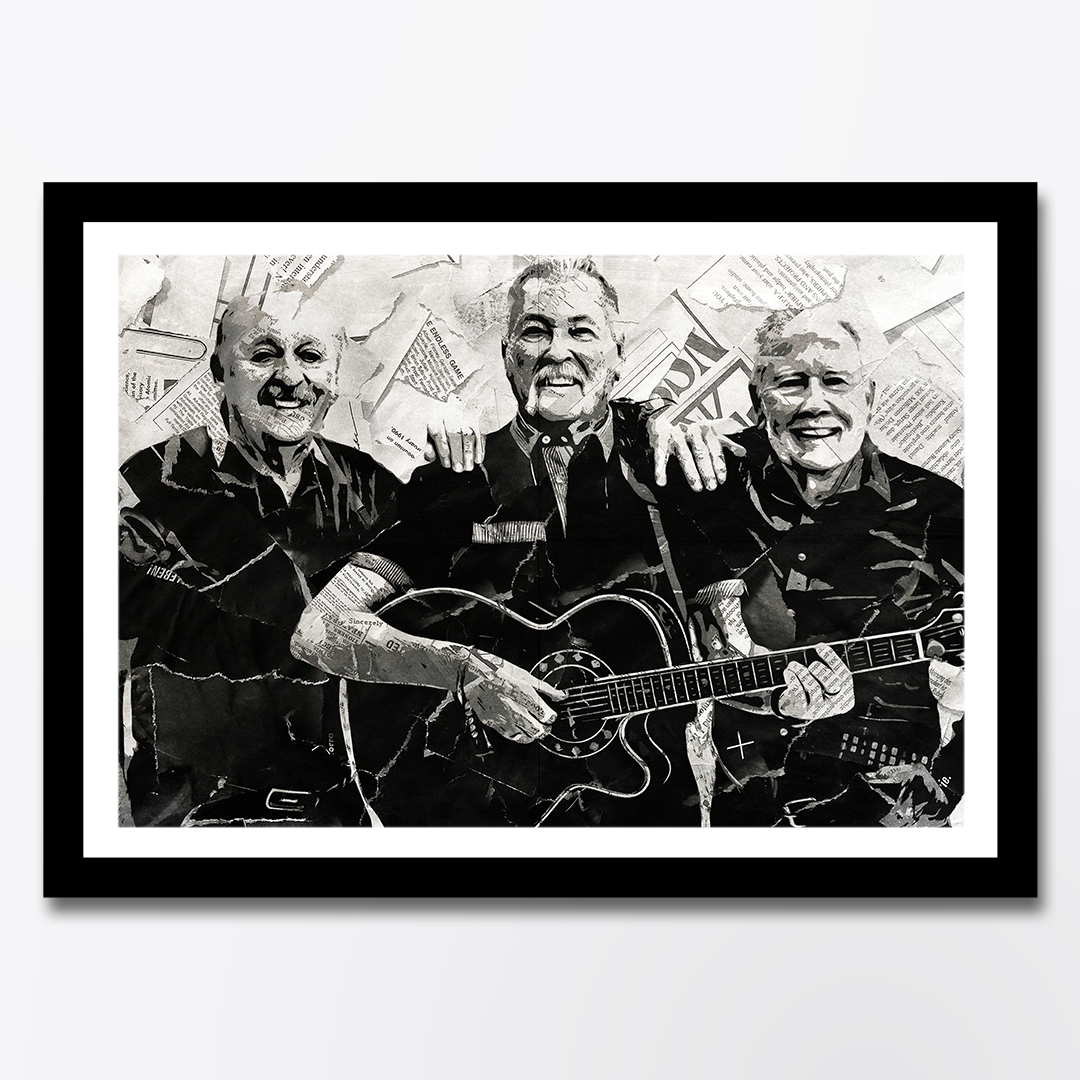 A Wolfe Tones poster design - a portrait of the Wolfe Tones made using a collage of torn pieces of magazine pages in black and white.