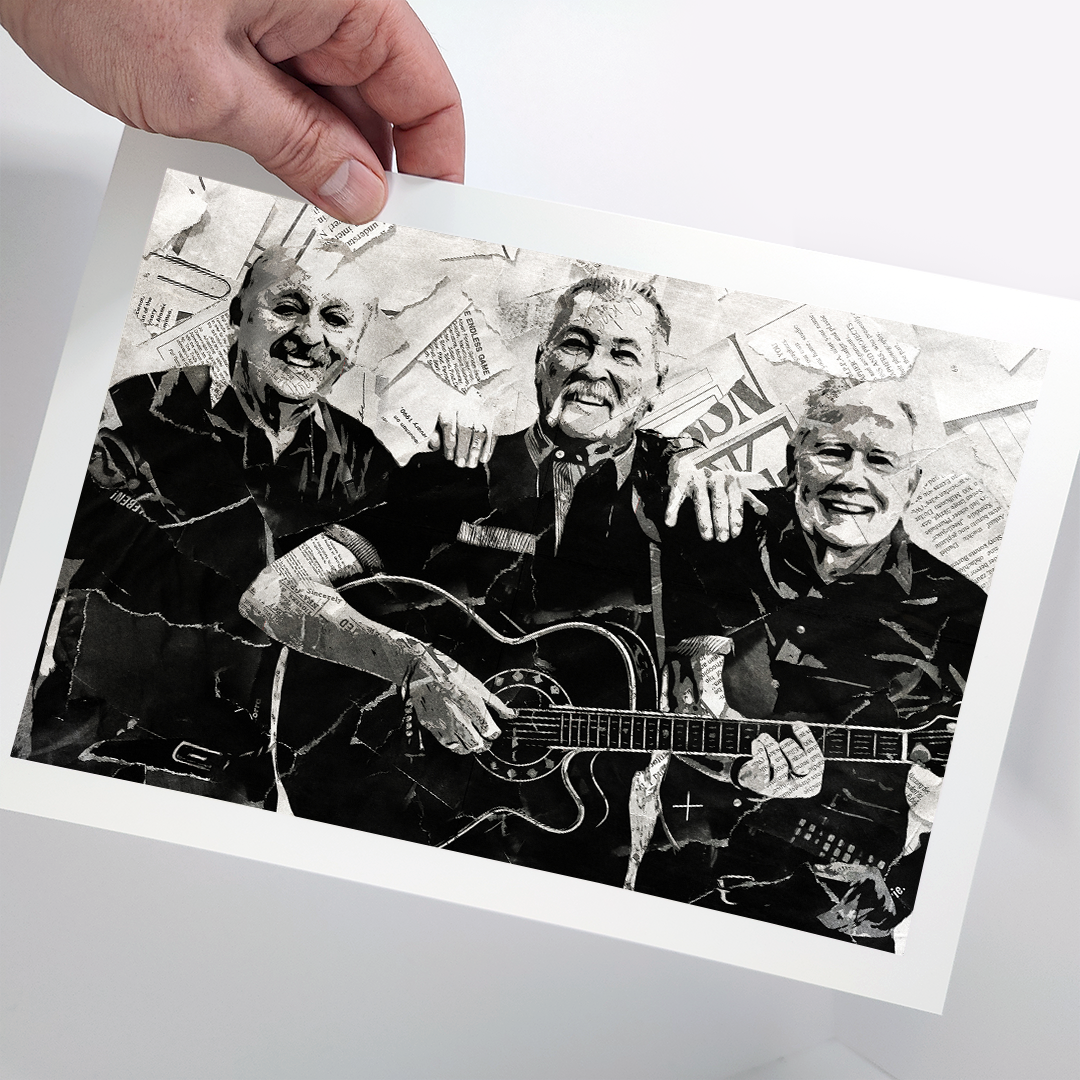 A Wolfe Tones poster design - a portrait of the Wolfe Tones made using a collage of torn pieces of magazine pages in black and white.
