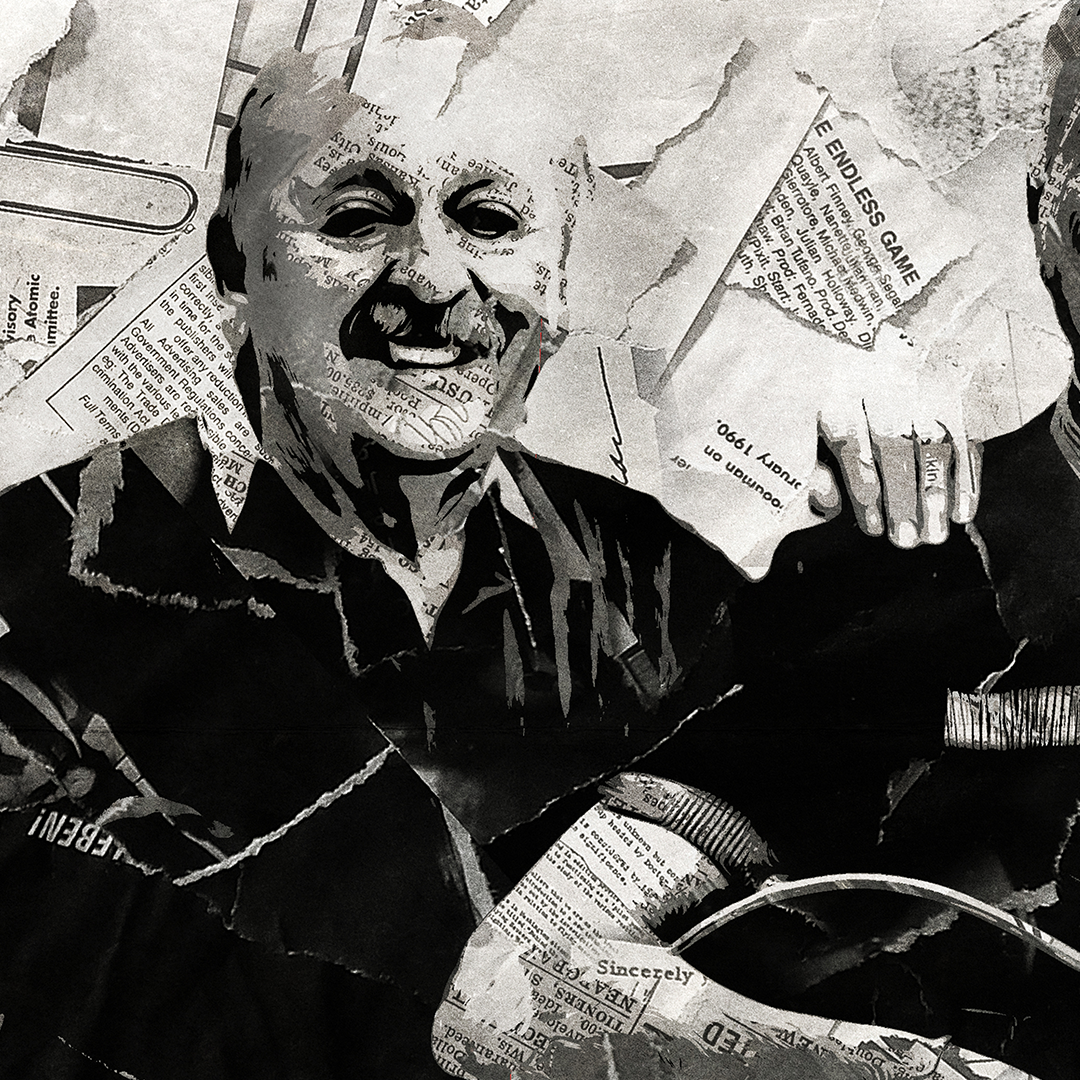 A Wolfe Tones poster design - a portrait of the Wolfe Tones made using a collage of torn pieces of magazine pages in black and white.