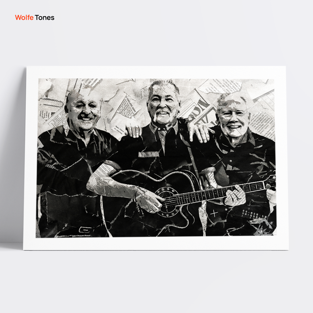 A Wolfe Tones poster design - a portrait of the Wolfe Tones made using a collage of torn pieces of magazine pages in black and white.