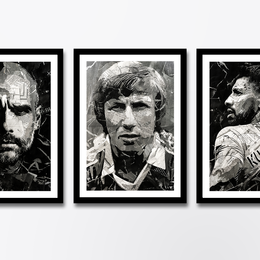 A Colin Bell poster design - a portrait of Colin made using a collage of torn pieces of magazine pages in black and white.