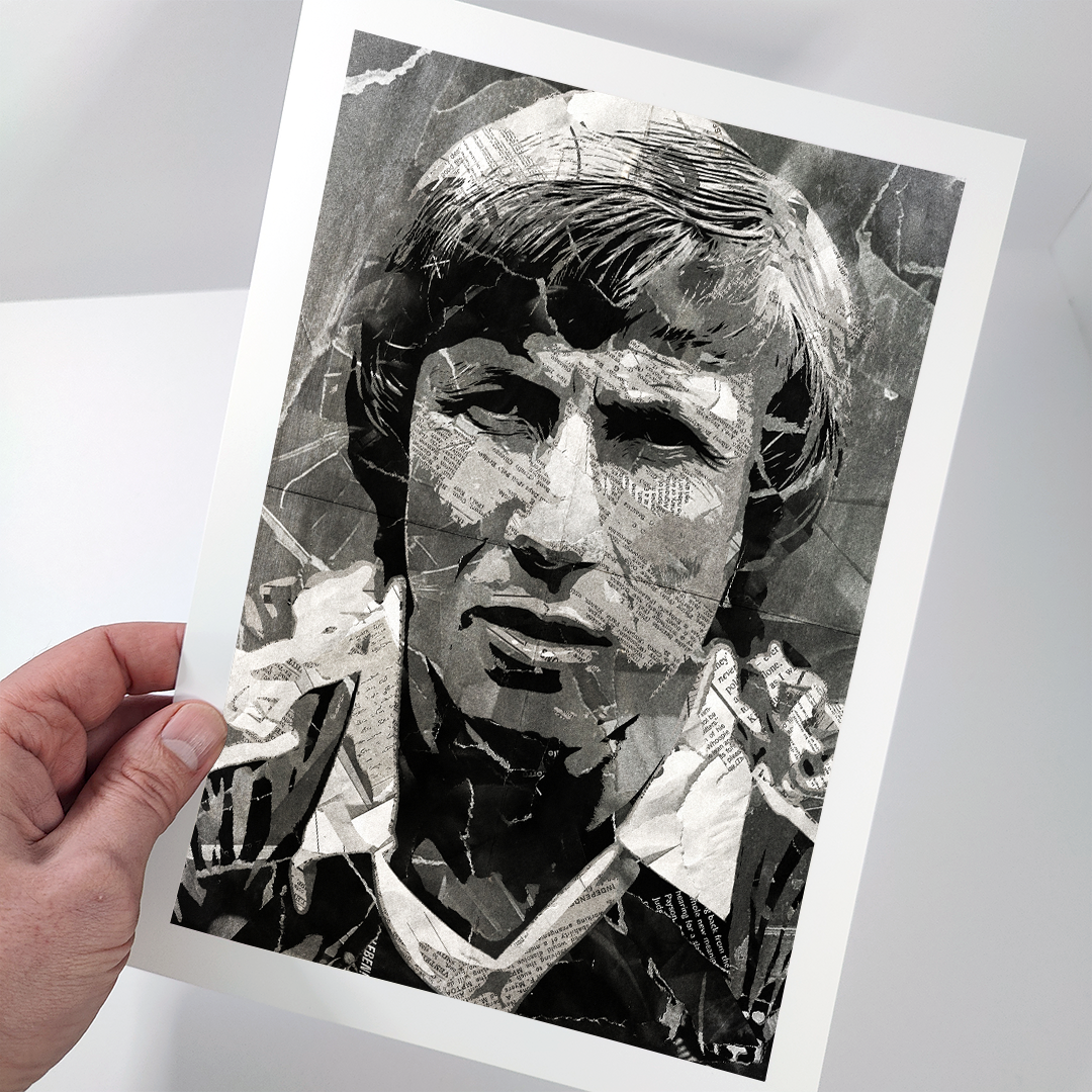 A Colin Bell poster design - a portrait of Colin made using a collage of torn pieces of magazine pages in black and white.