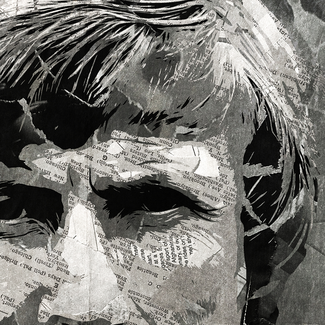 A Colin Bell poster design - a portrait of Colin made using a collage of torn pieces of magazine pages in black and white.