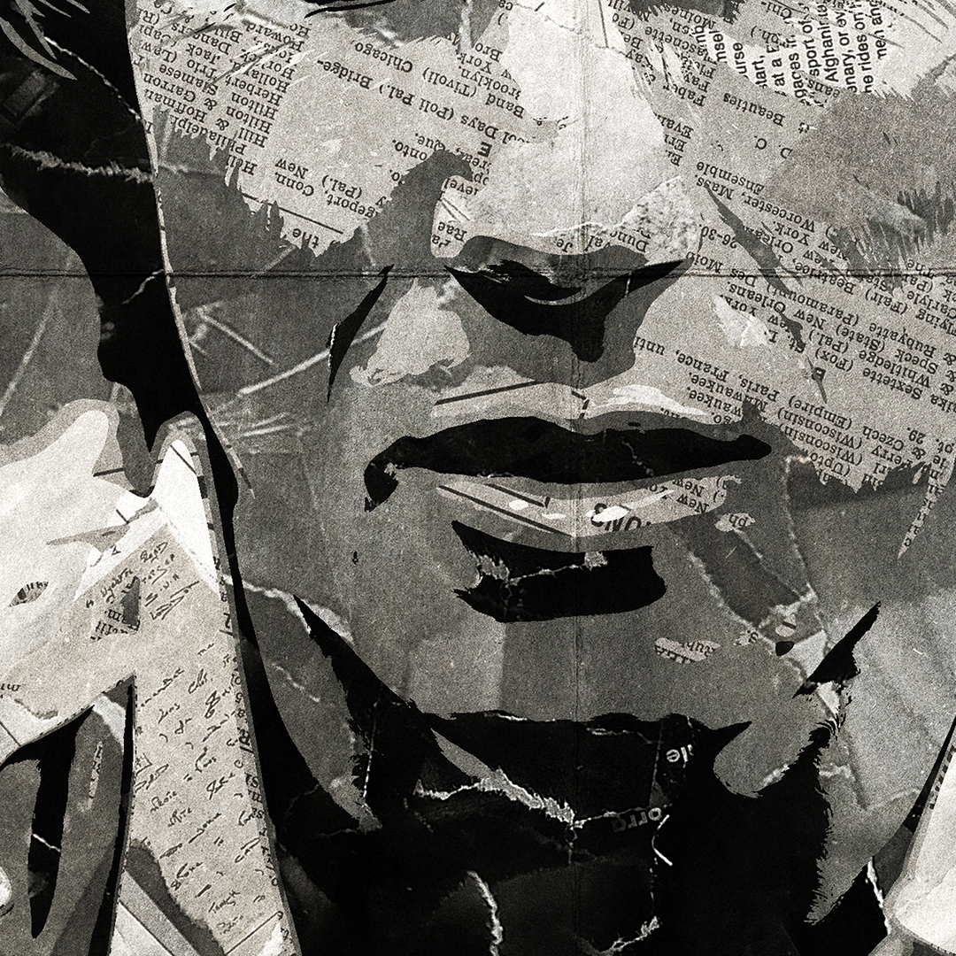 A Colin Bell poster design - a portrait of Colin made using a collage of torn pieces of magazine pages in black and white.