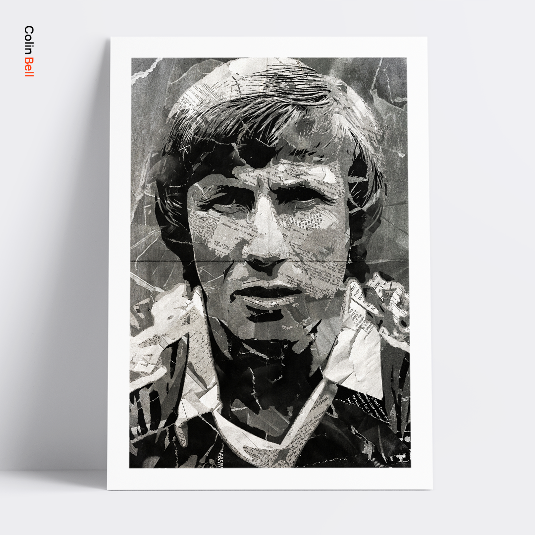 A Colin Bell poster design - a portrait of Colin made using a collage of torn pieces of magazine pages in black and white.