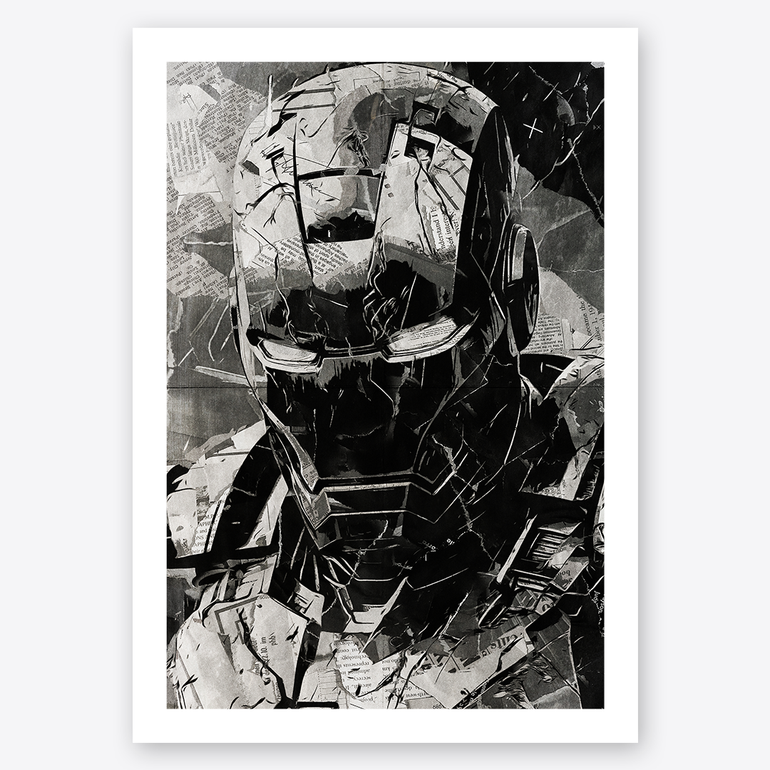 An Iron Man poster design - a portrait of Iron Man made using a collage of torn pieces of magazine pages in black and white.