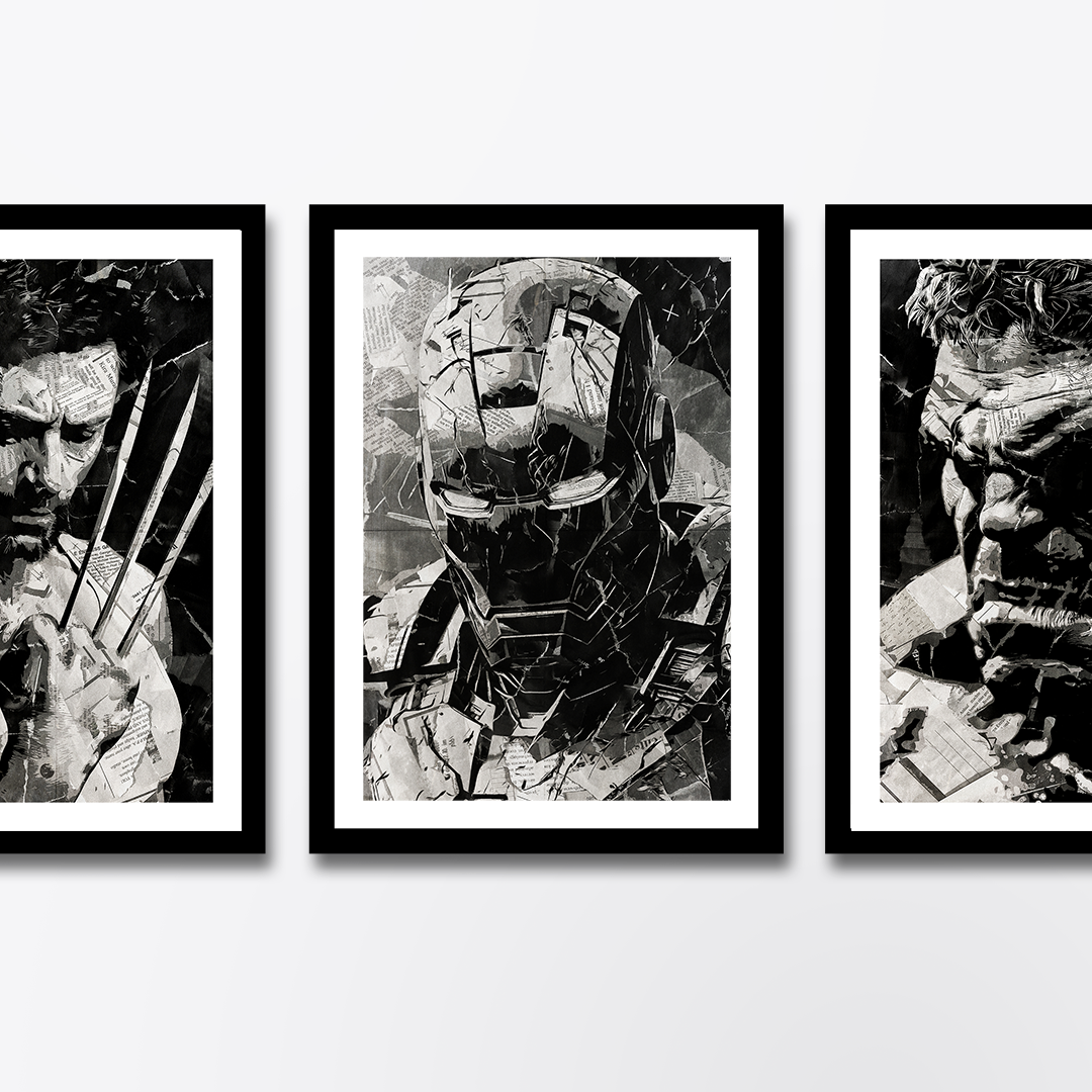 An Iron Man poster design - a portrait of Iron Man made using a collage of torn pieces of magazine pages in black and white.