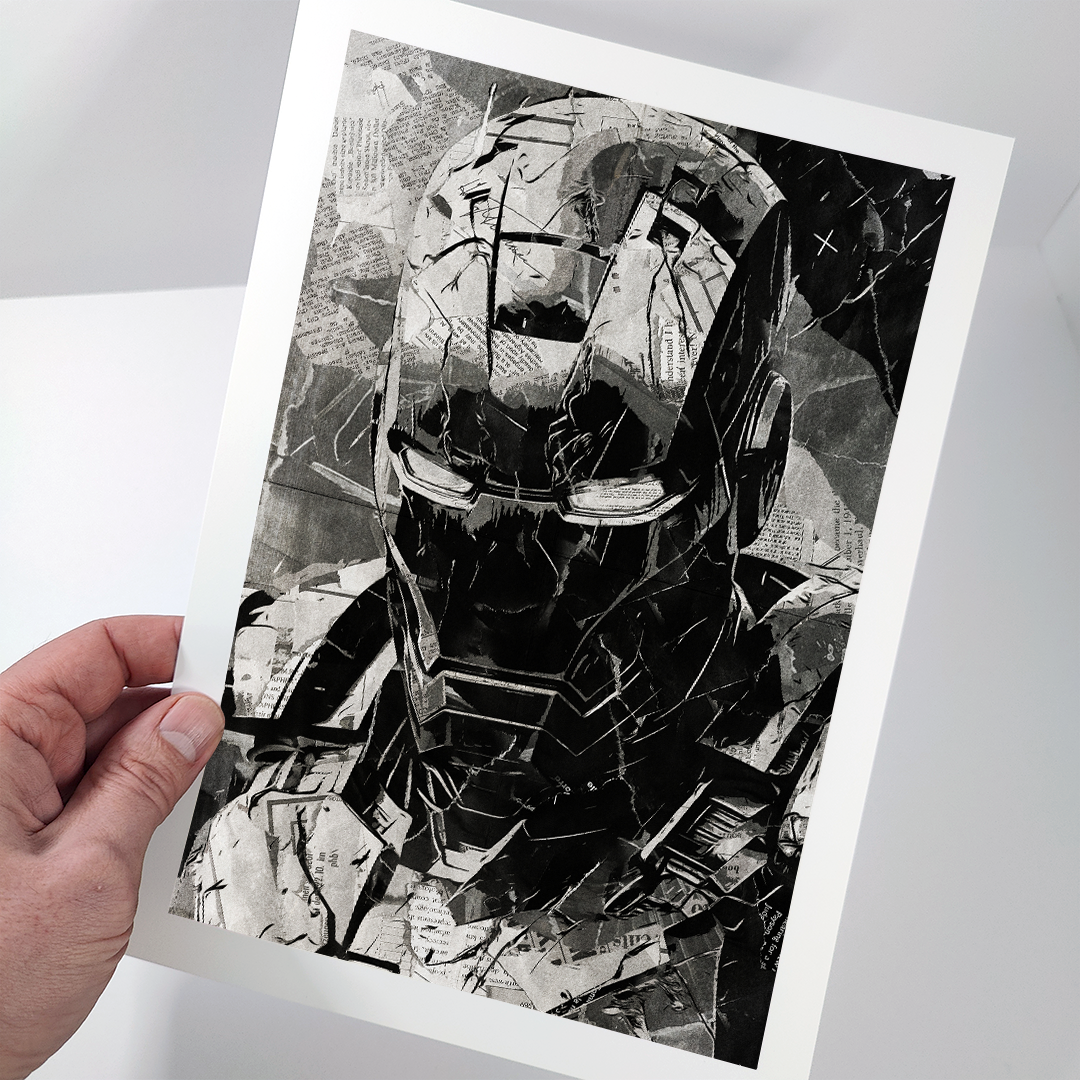 An Iron Man poster design - a portrait of Iron Man made using a collage of torn pieces of magazine pages in black and white.