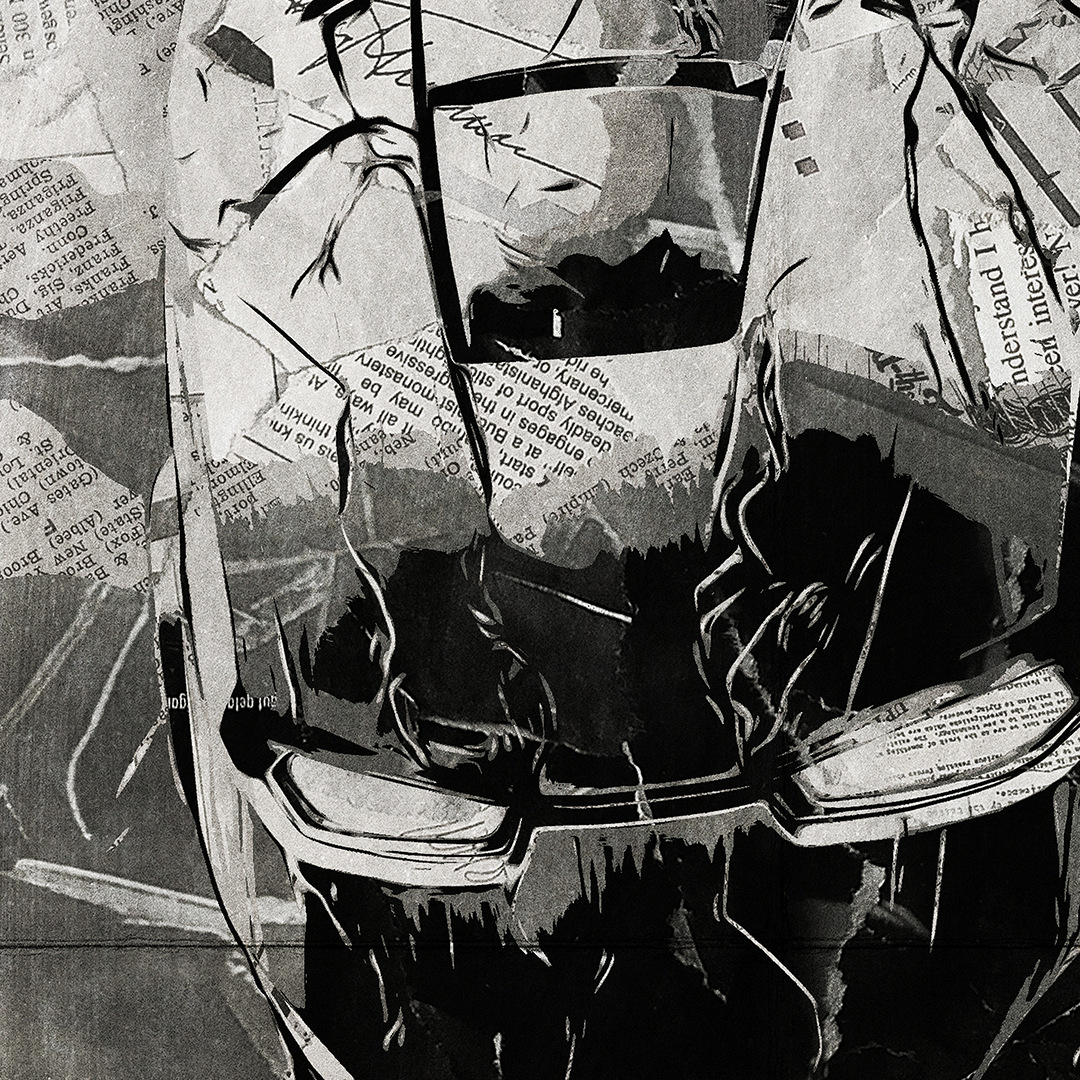 An Iron Man poster design - a portrait of Iron Man made using a collage of torn pieces of magazine pages in black and white.