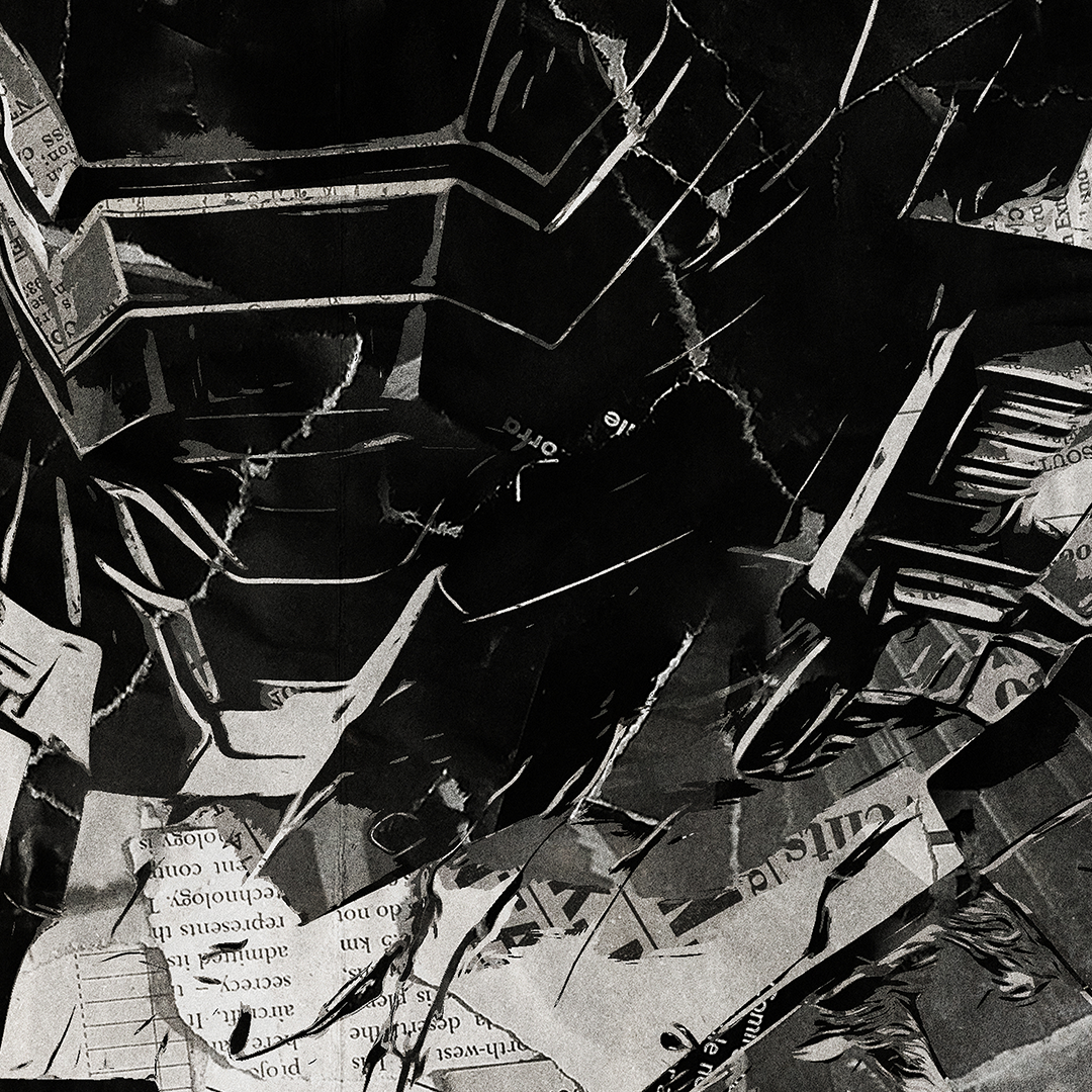 An Iron Man poster design - a portrait of Iron Man made using a collage of torn pieces of magazine pages in black and white.