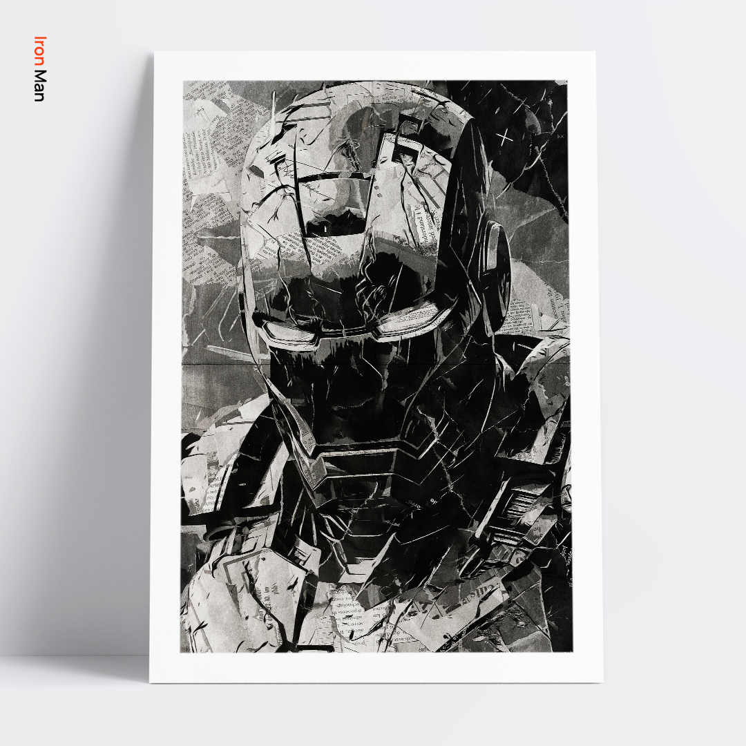 An Iron Man poster design - a portrait of Iron Man made using a collage of torn pieces of magazine pages in black and white.