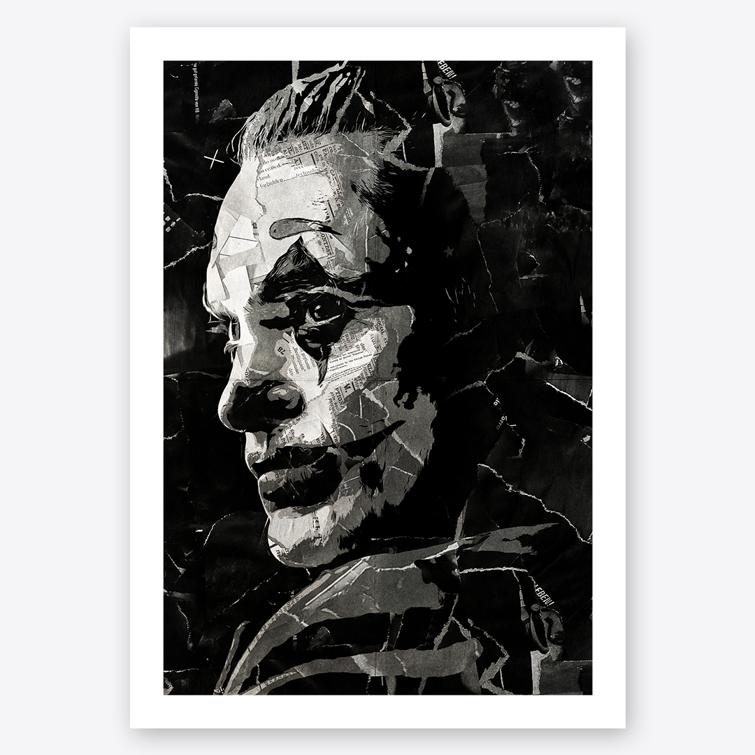 A Joker / Joaquin Phoenix poster design - a portrait of Joaquin made using a collage of torn pieces of magazine pages in black and white.