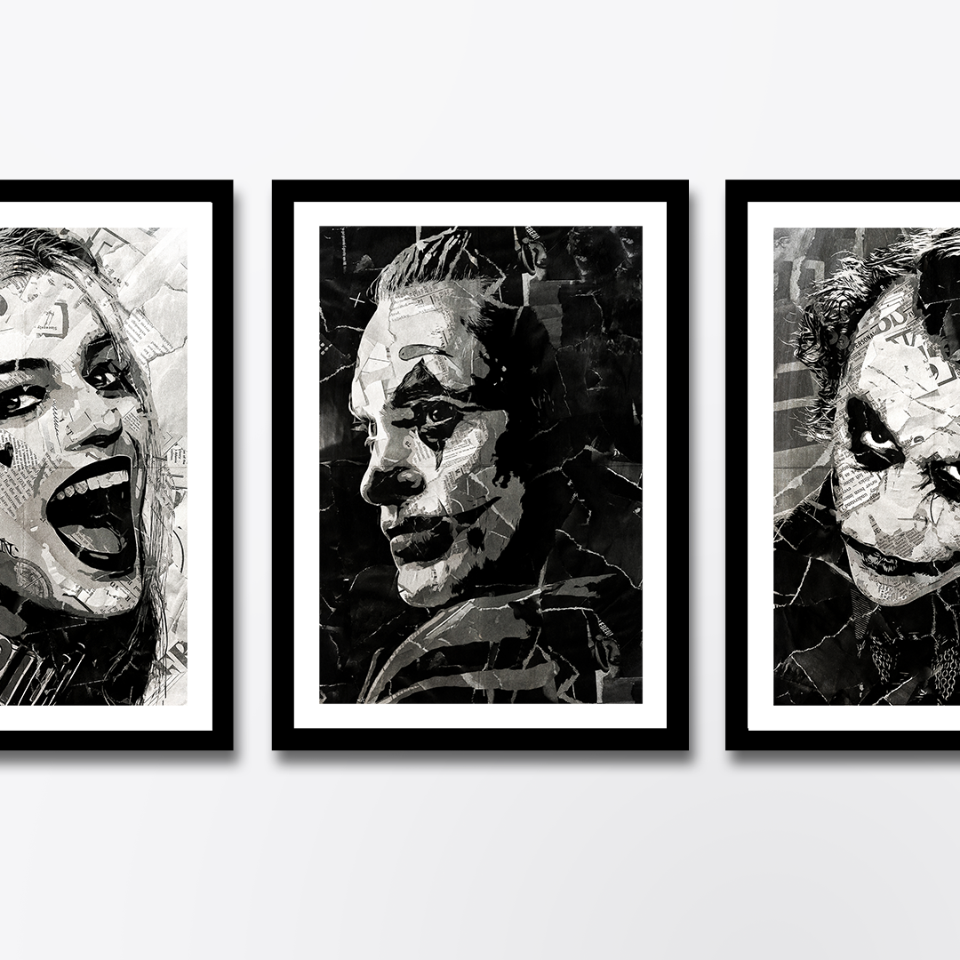A Joker / Joaquin Phoenix poster design - a portrait of Joaquin made using a collage of torn pieces of magazine pages in black and white.