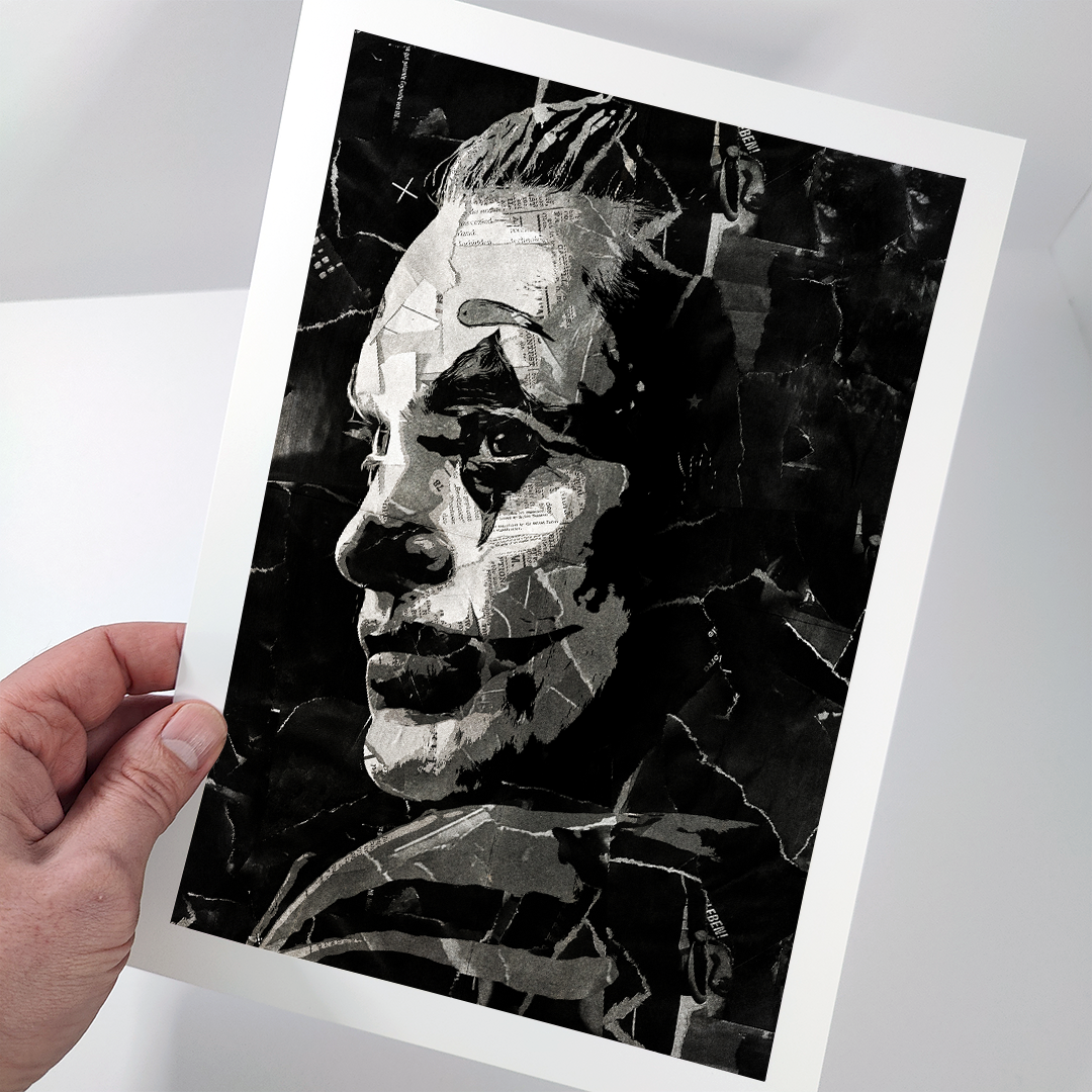 A Joker / Joaquin Phoenix poster design - a portrait of Joaquin made using a collage of torn pieces of magazine pages in black and white.