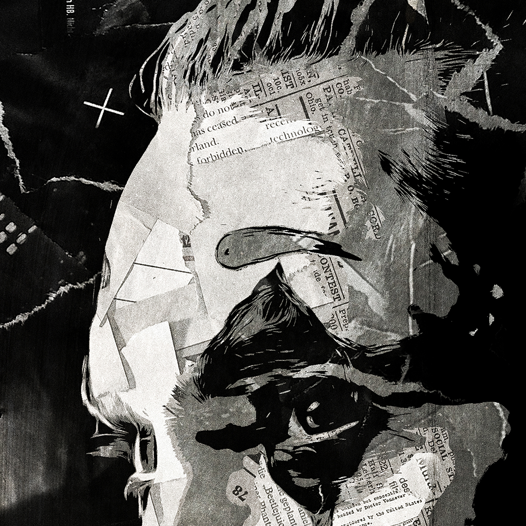 A Joker / Joaquin Phoenix poster design - a portrait of Joaquin made using a collage of torn pieces of magazine pages in black and white.