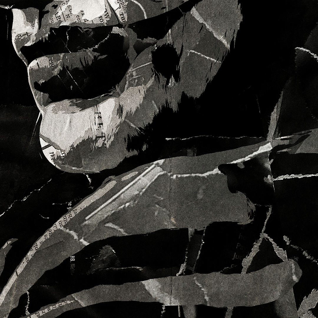 A Joker / Joaquin Phoenix poster design - a portrait of Joaquin made using a collage of torn pieces of magazine pages in black and white.