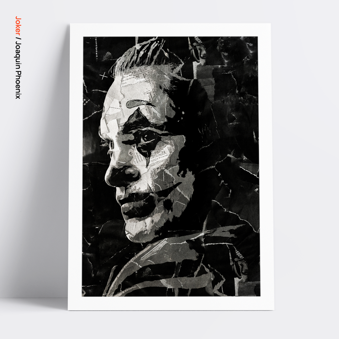 A Joker / Joaquin Phoenix poster design - a portrait of Joaquin made using a collage of torn pieces of magazine pages in black and white.