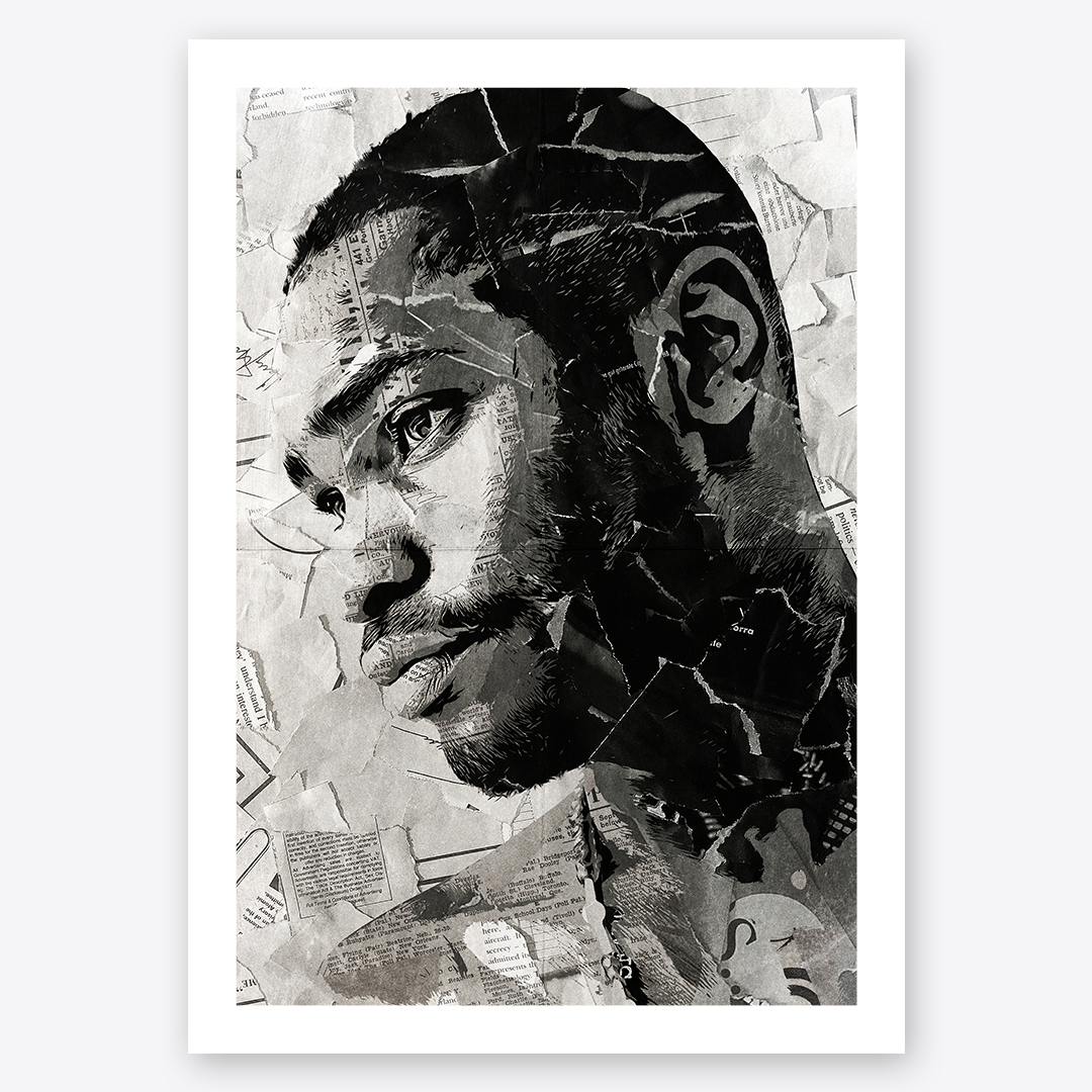 A Santan Dave poster design - a portrait of Dave made using a collage of torn pieces of magazine pages in black and white.