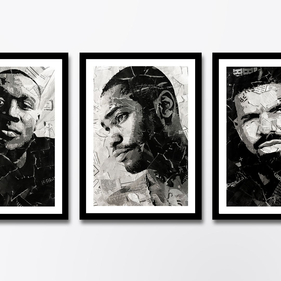 A Santan Dave poster design - a portrait of Dave made using a collage of torn pieces of magazine pages in black and white.