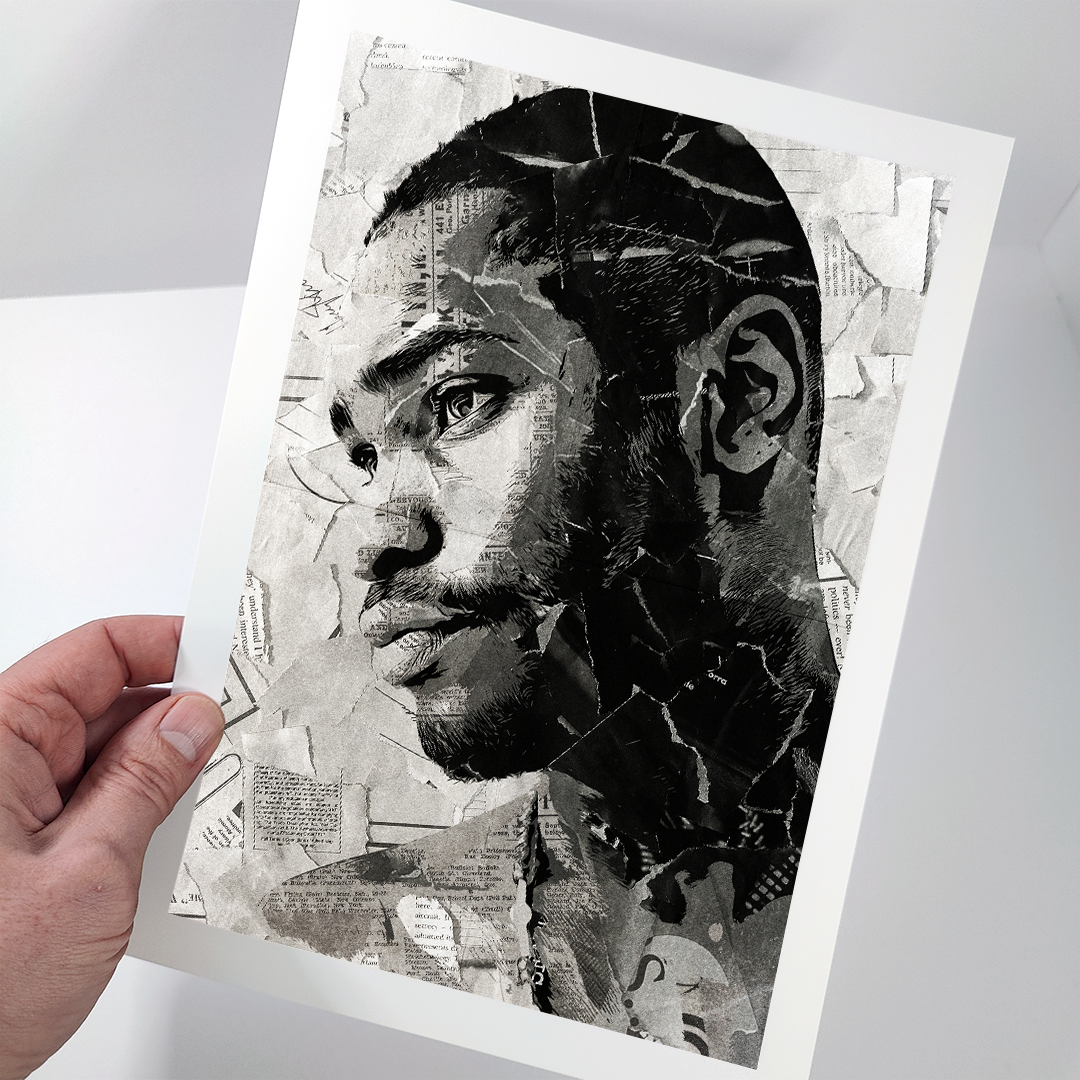 A Santan Dave poster design - a portrait of Dave made using a collage of torn pieces of magazine pages in black and white.