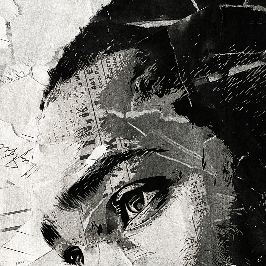 A Santan Dave poster design - a portrait of Dave made using a collage of torn pieces of magazine pages in black and white.