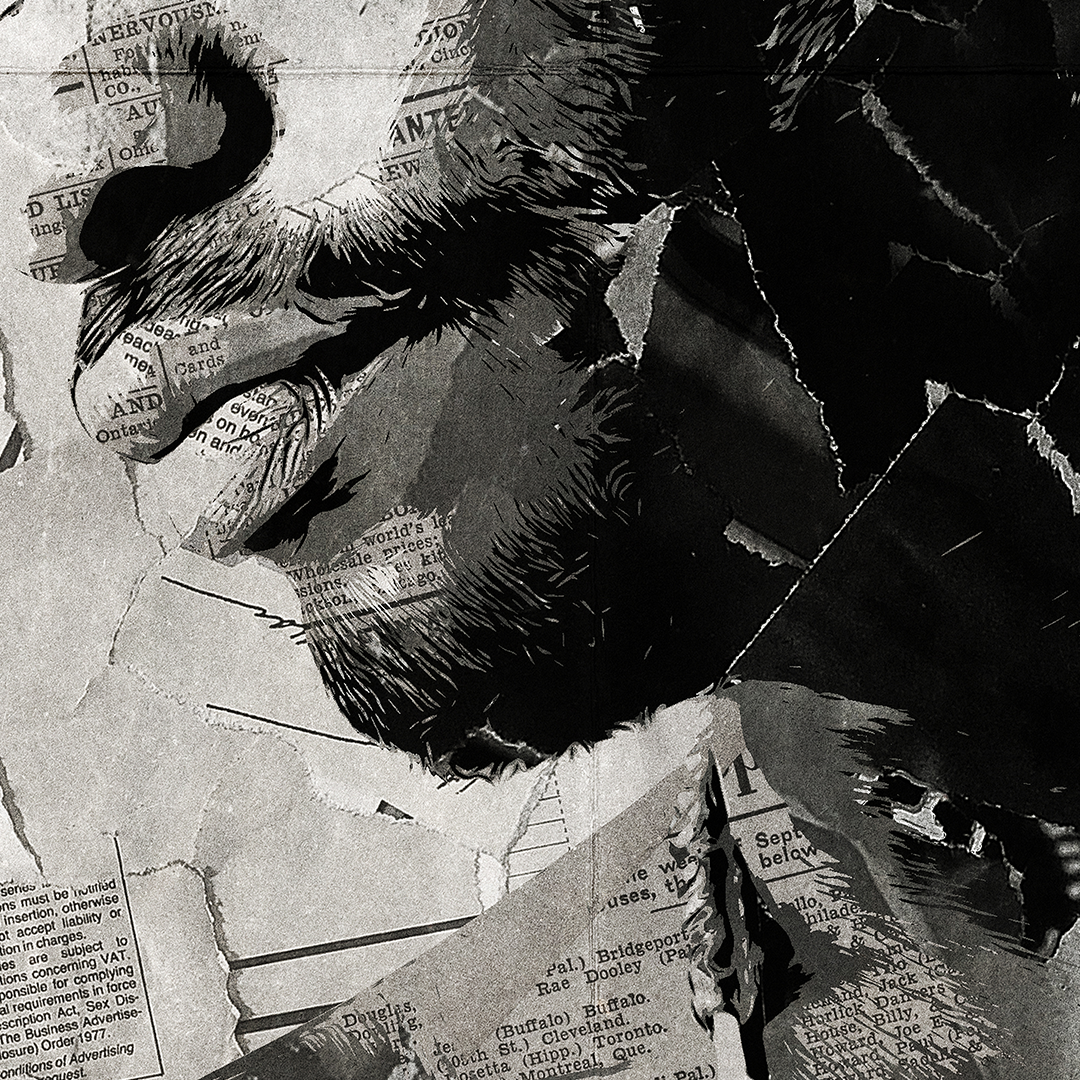 A Santan Dave poster design - a portrait of Dave made using a collage of torn pieces of magazine pages in black and white.