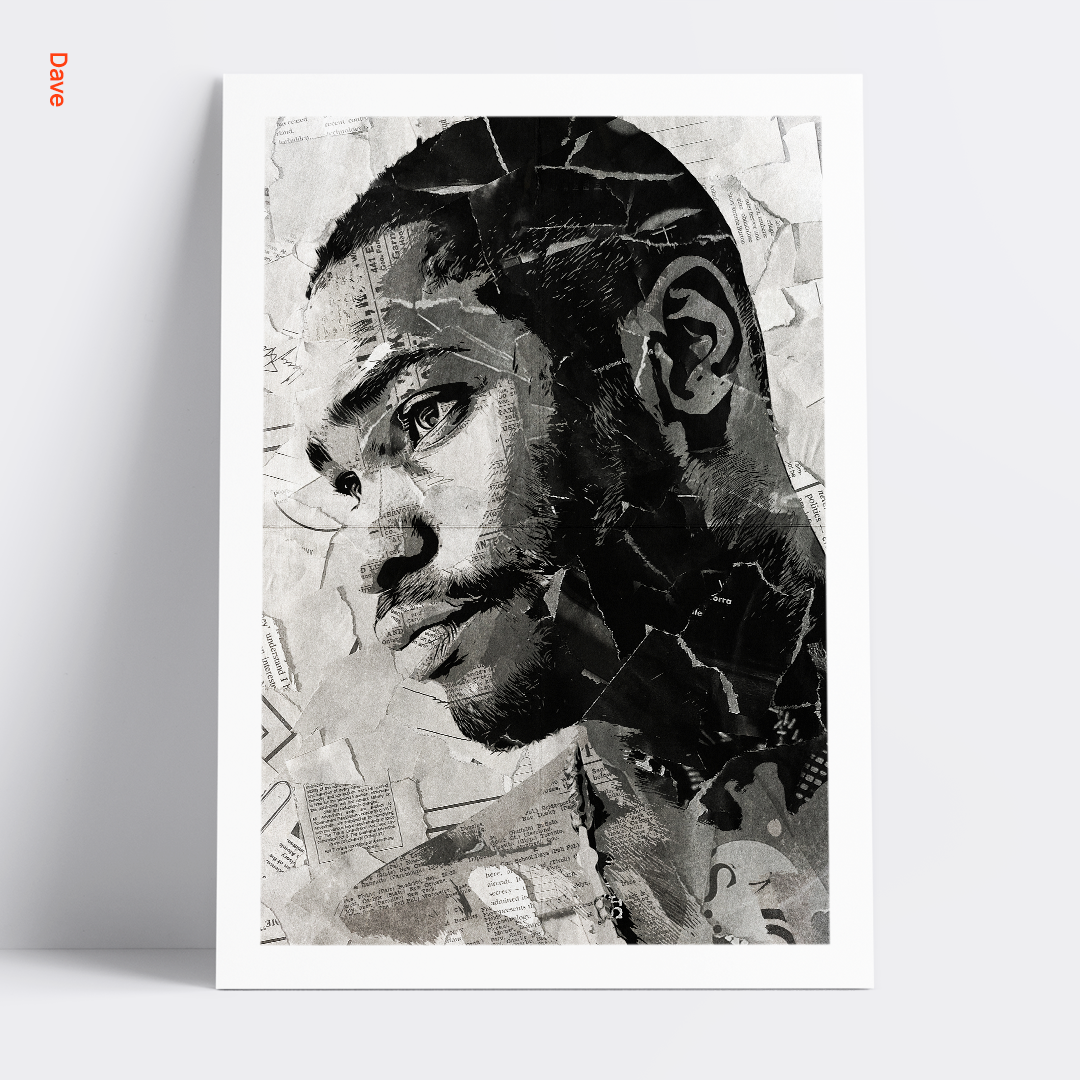 A Santan Dave poster design - a portrait of Dave made using a collage of torn pieces of magazine pages in black and white.