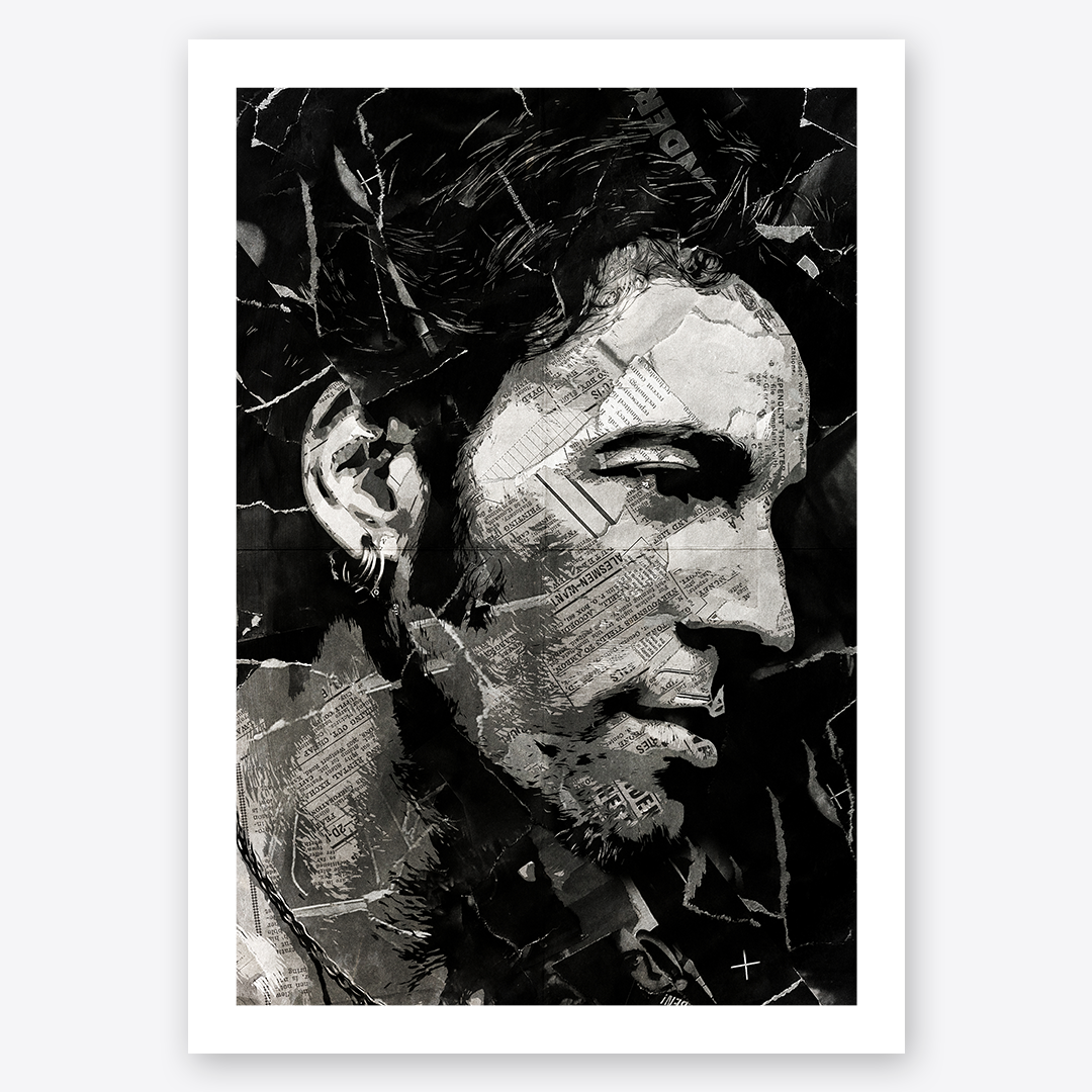 A Bruce Springsteen poster design - a portrait of Bruce made using a collage of torn pieces of magazine pages in black and white.