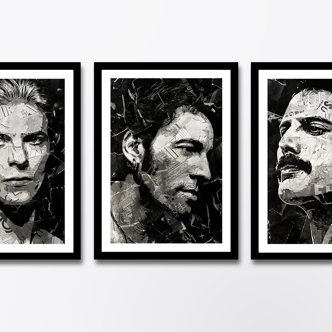 A Bruce Springsteen poster design - a portrait of Bruce made using a collage of torn pieces of magazine pages in black and white.