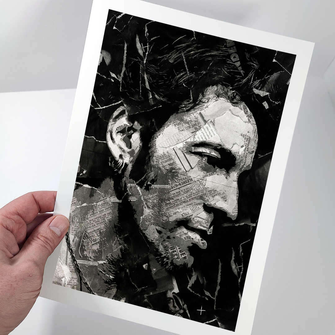 A Bruce Springsteen poster design - a portrait of Bruce made using a collage of torn pieces of magazine pages in black and white.