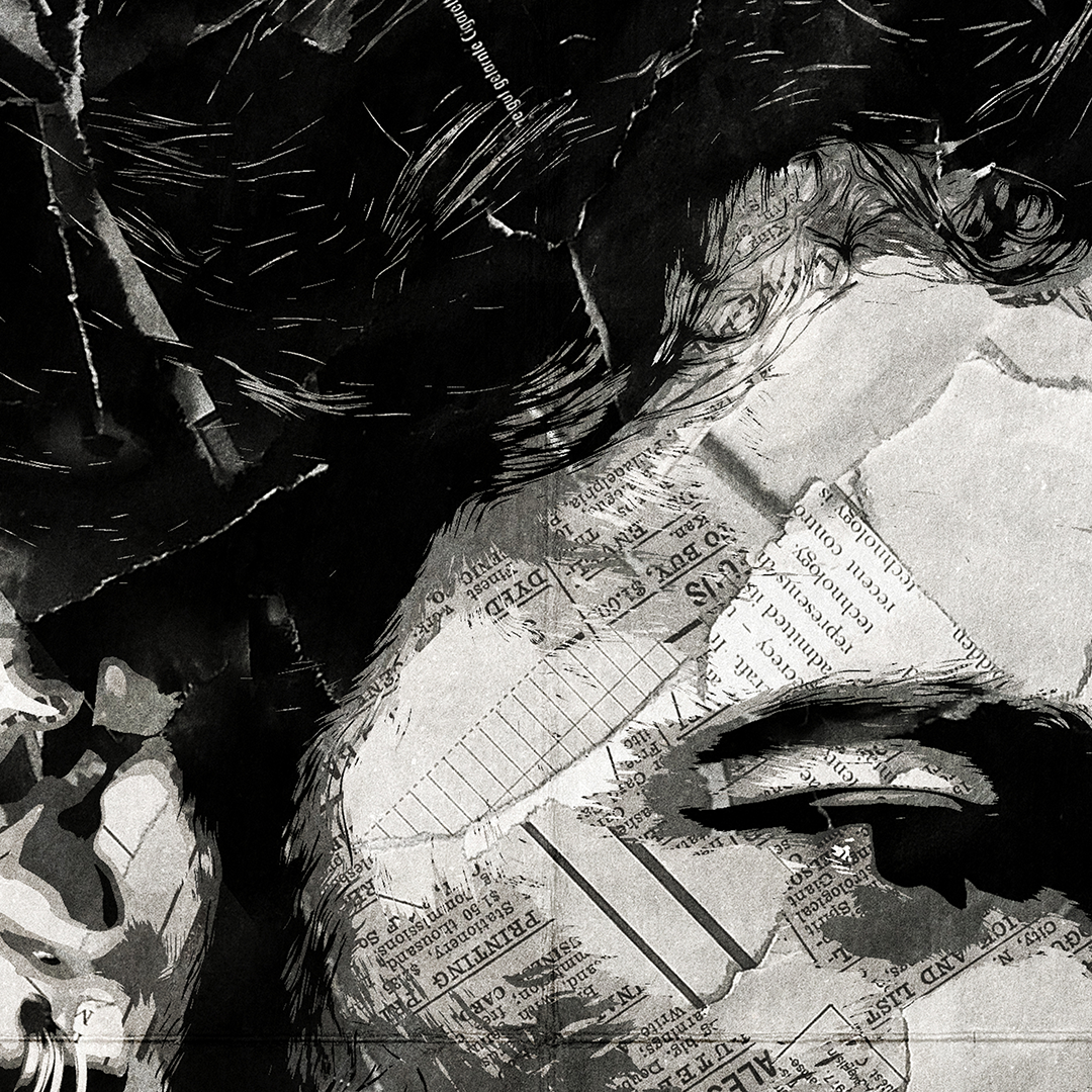 A Bruce Springsteen poster design - a portrait of Bruce made using a collage of torn pieces of magazine pages in black and white.