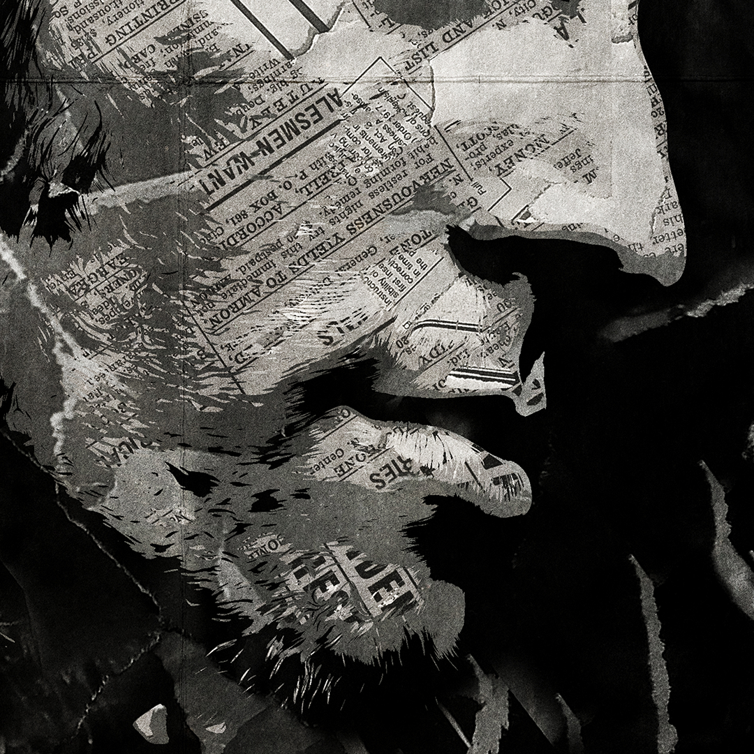 A Bruce Springsteen poster design - a portrait of Bruce made using a collage of torn pieces of magazine pages in black and white.