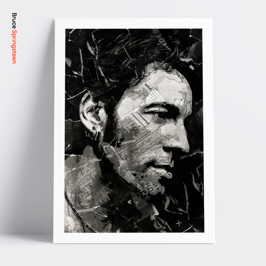 A Bruce Springsteen poster design - a portrait of Bruce made using a collage of torn pieces of magazine pages in black and white.