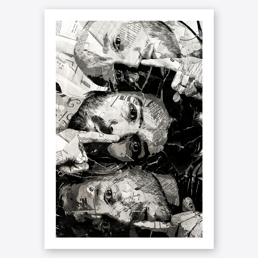 A Biffy Clyro poster design - a portrait of the band made using a collage of torn pieces of magazine pages in black and white.