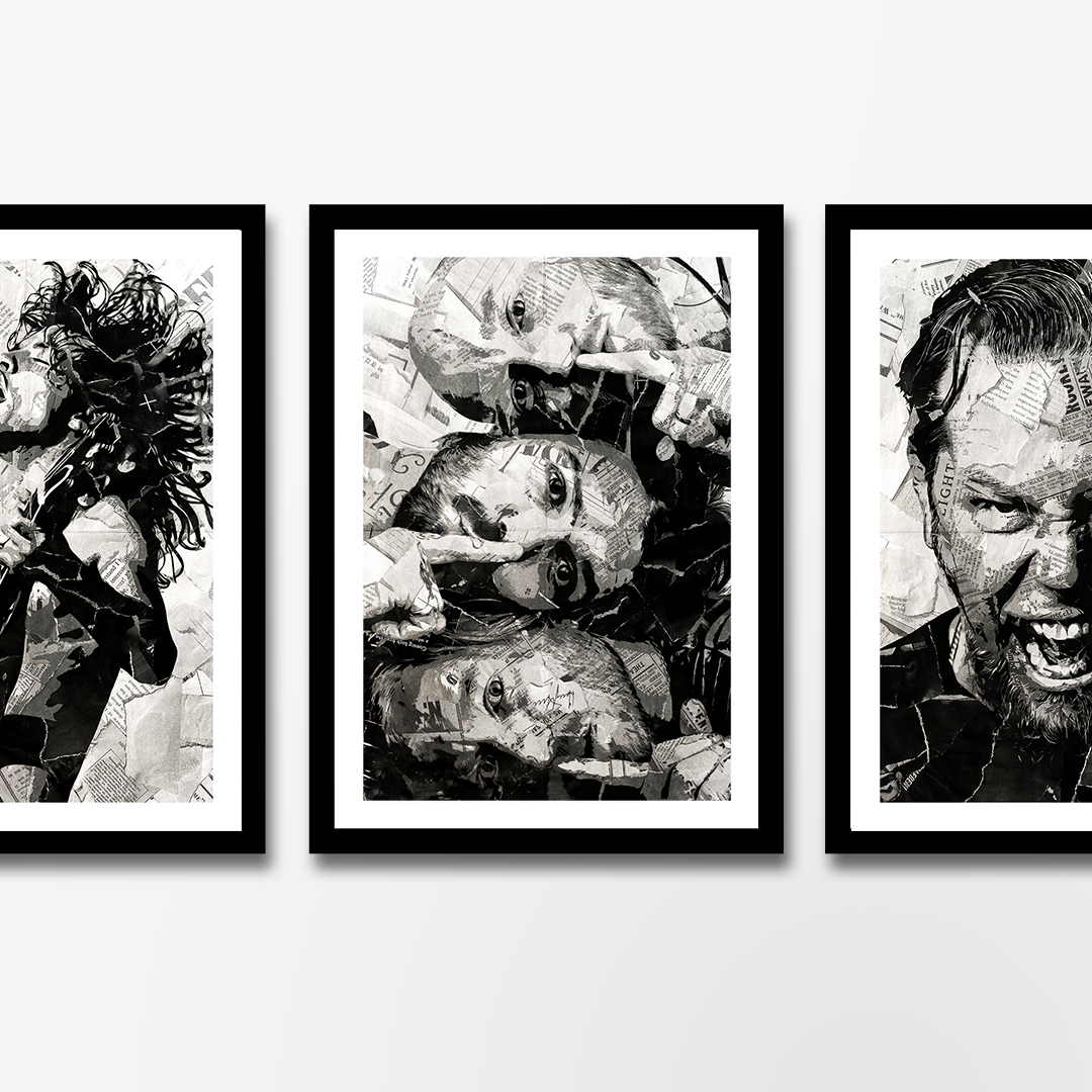 A Biffy Clyro poster design - a portrait of the band made using a collage of torn pieces of magazine pages in black and white.