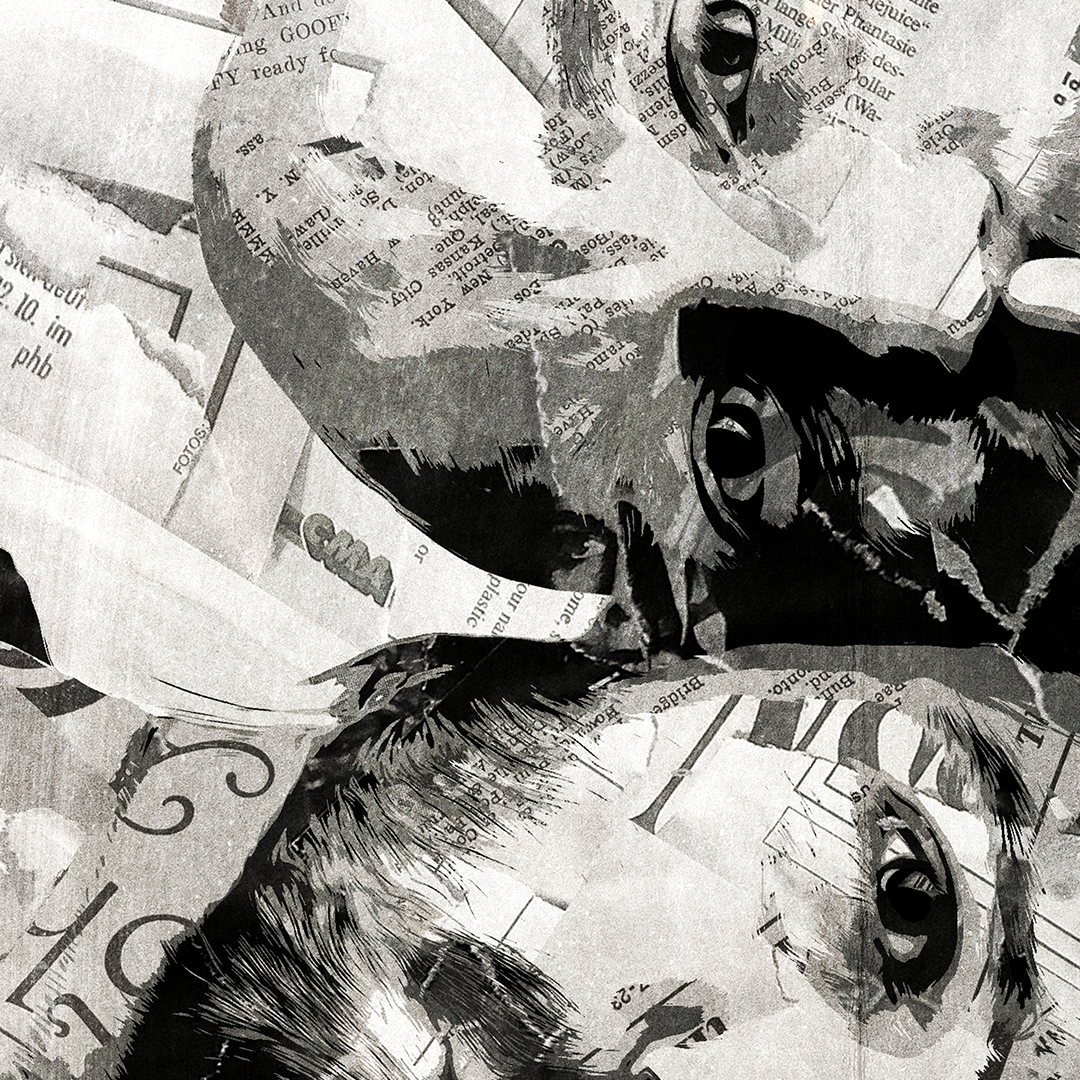 A Biffy Clyro poster design - a portrait of the band made using a collage of torn pieces of magazine pages in black and white.