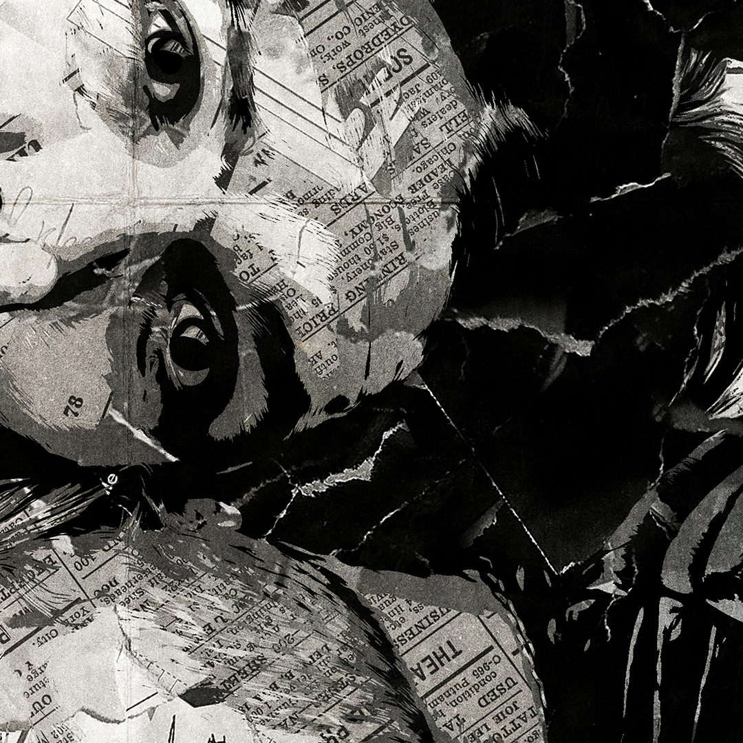 A Biffy Clyro poster design - a portrait of the band made using a collage of torn pieces of magazine pages in black and white.