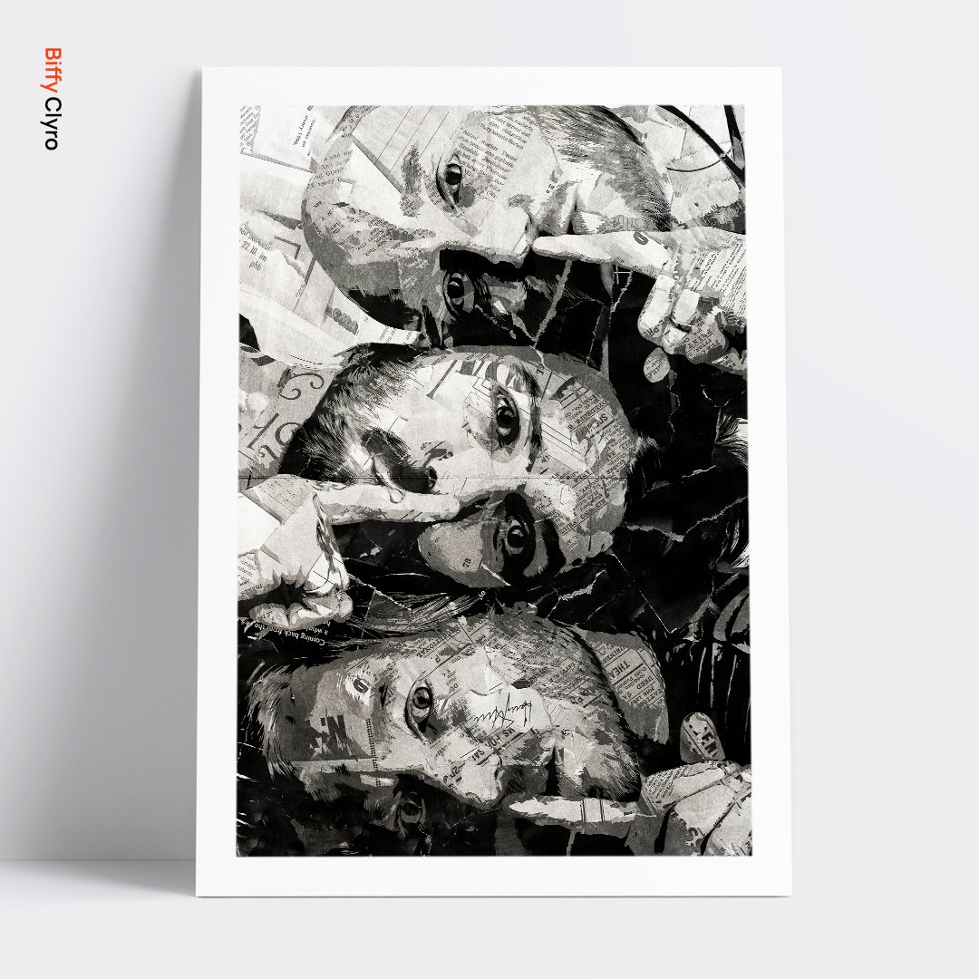 A Biffy Clyro poster design - a portrait of the band made using a collage of torn pieces of magazine pages in black and white.