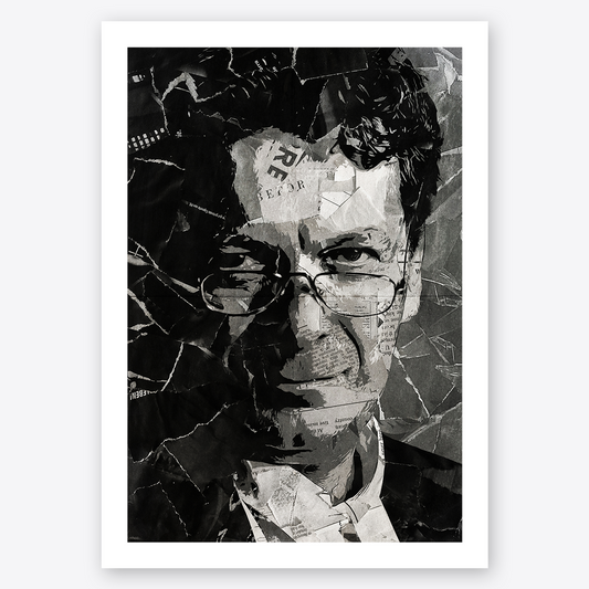 A Tony Wilson poster design - a portrait of Tony made using a collage of torn pieces of magazine pages in black and white.