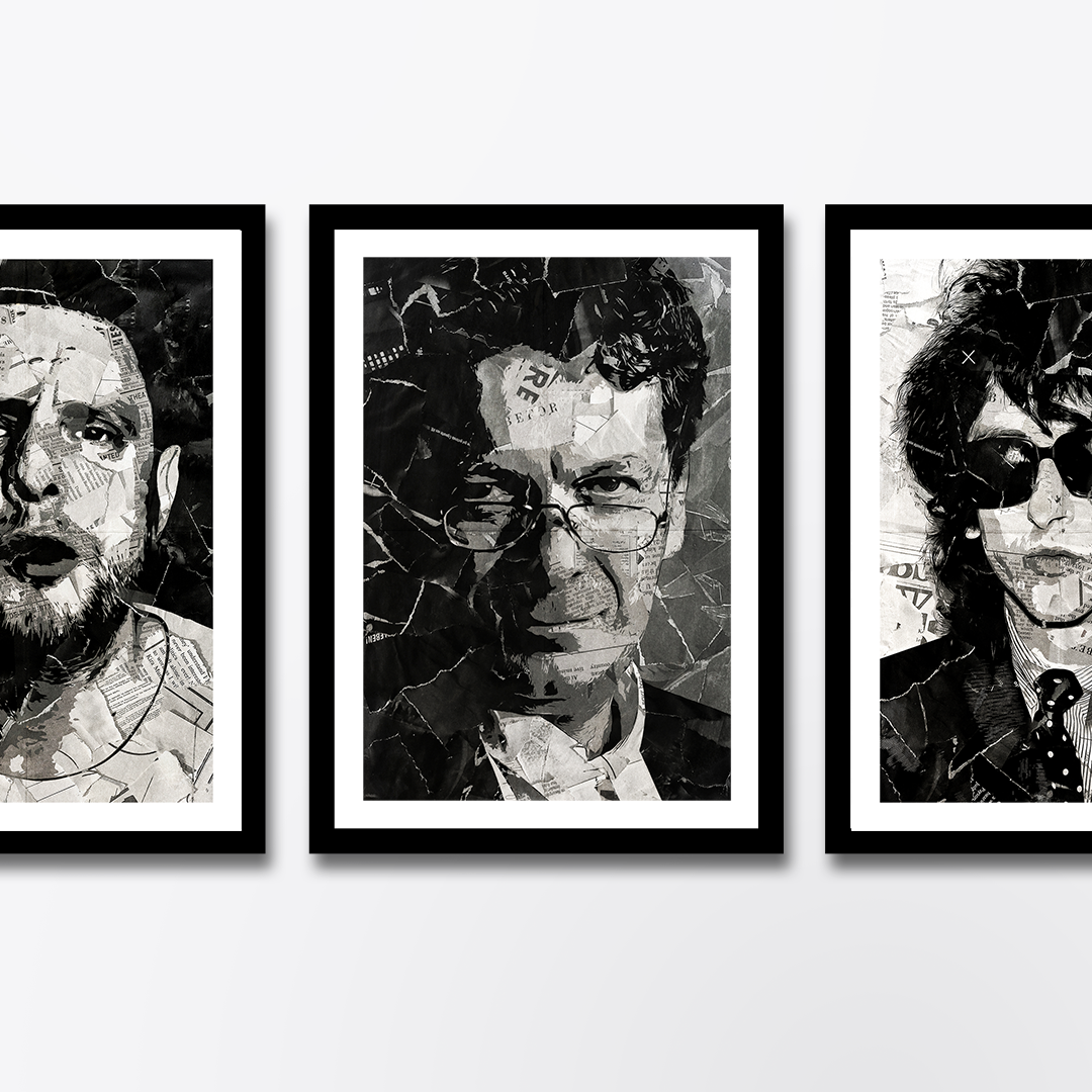 A Tony Wilson poster design - a portrait of Tony made using a collage of torn pieces of magazine pages in black and white.