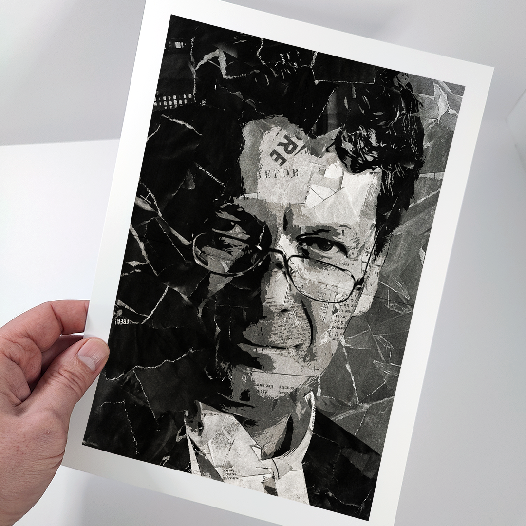 A Tony Wilson poster design - a portrait of Tony made using a collage of torn pieces of magazine pages in black and white.